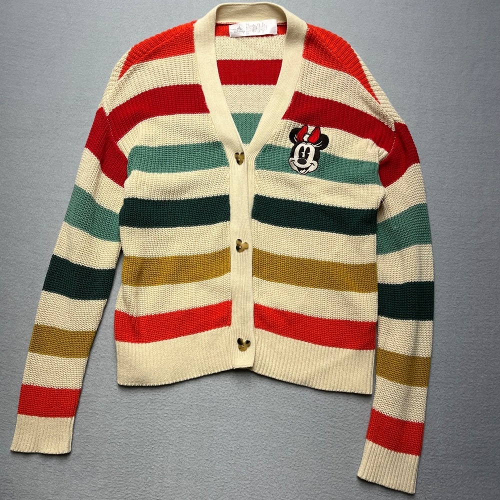 Disney Minnie Mouse Striped Cardigan Sweater Mickey Buttons Womens Small Multi‎